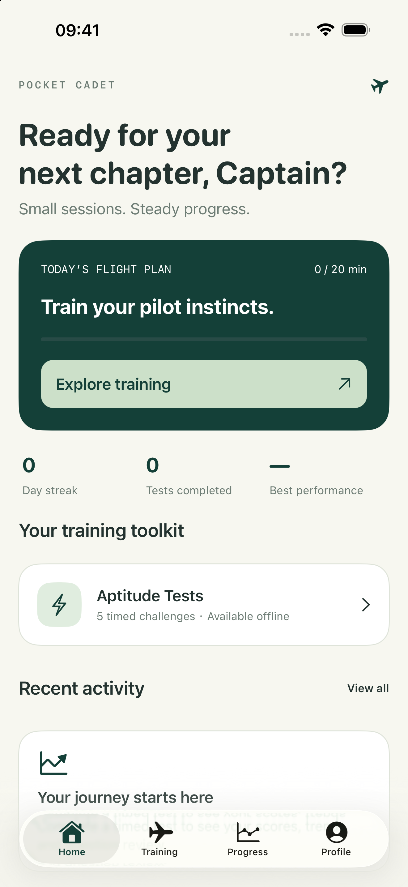 Pocket Cadet app home screen